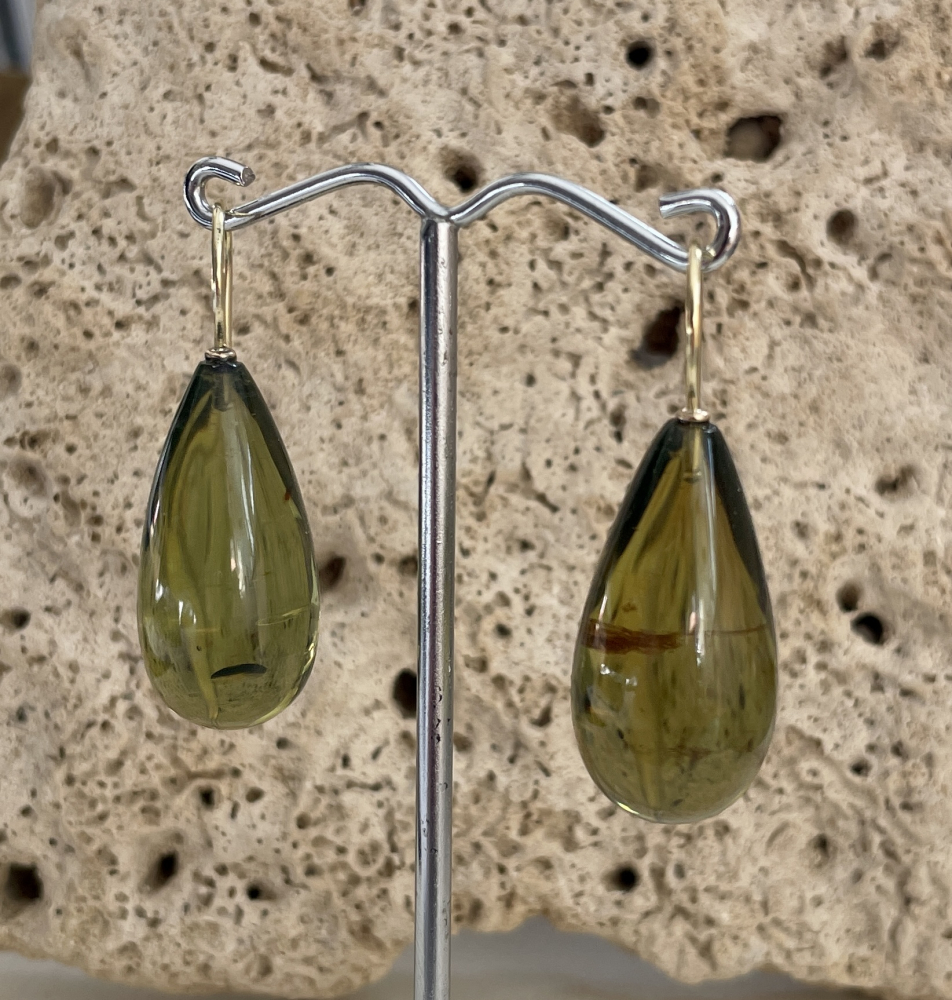 Grüne Bernstein Ohrhänger 27 x 15 mm glatt 585 GG